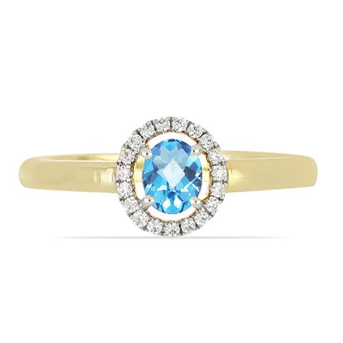 REAL SWISS BLUE TOPAZ GEMSTONE 14K GOLD WHITE DIAMOND HALO RING